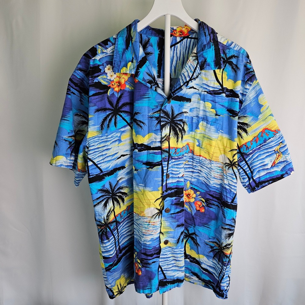 Palmwave Mens XXL Hawaiian Shirt Blue Tropical‎ Surfer Palm Tree Print Button Up